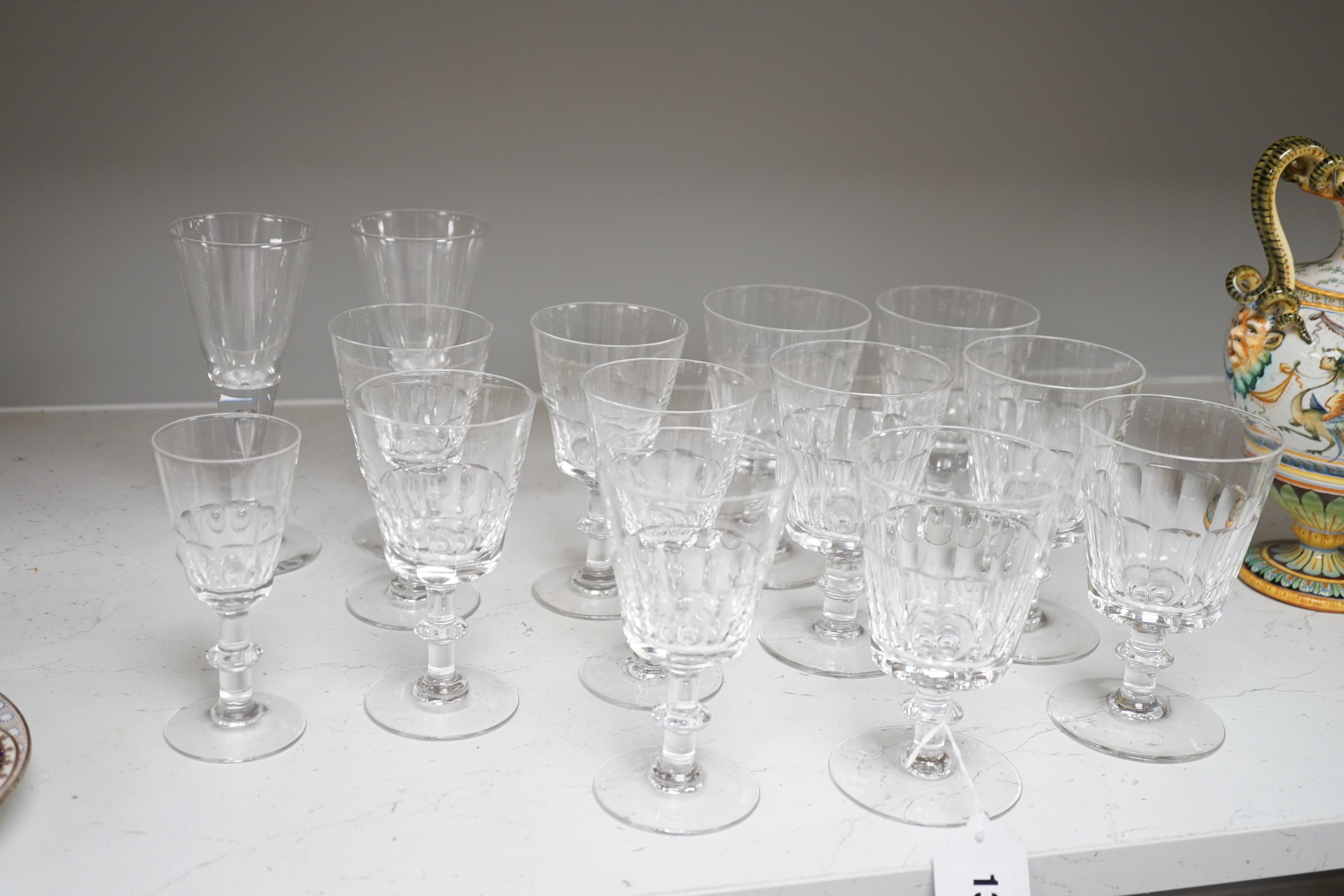 A set of nine cut drinking glasses, five similar glasses and three others